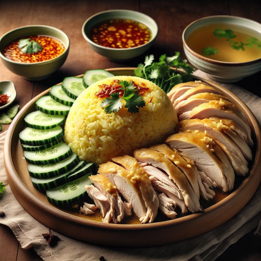 Sliced poached chicken with fragrant rice, cucumber and coriander