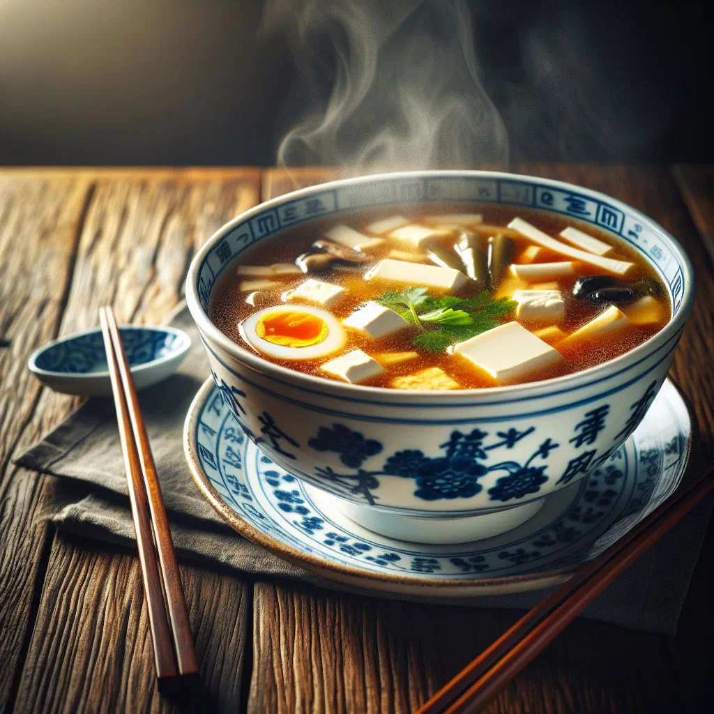 A steaming bowl of hot and sour soup with tofu, mushrooms and spring onions