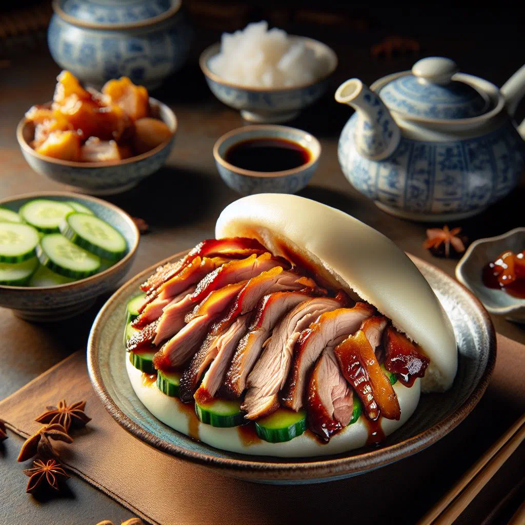 Kao ya bao filled with crispy Peking duck, cucumber and spring onion