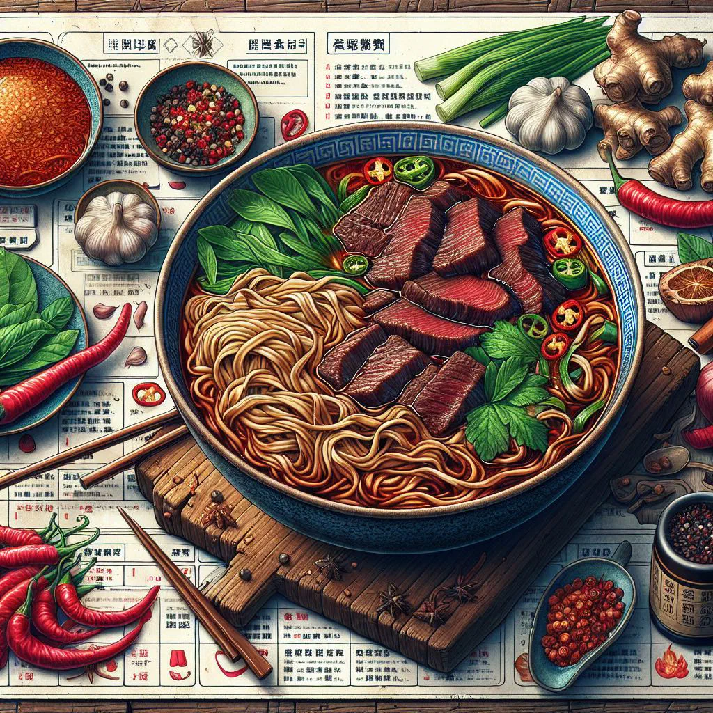 A bowl of Lanzhou beef noodles with sliced beef, spring onions and chilli oil