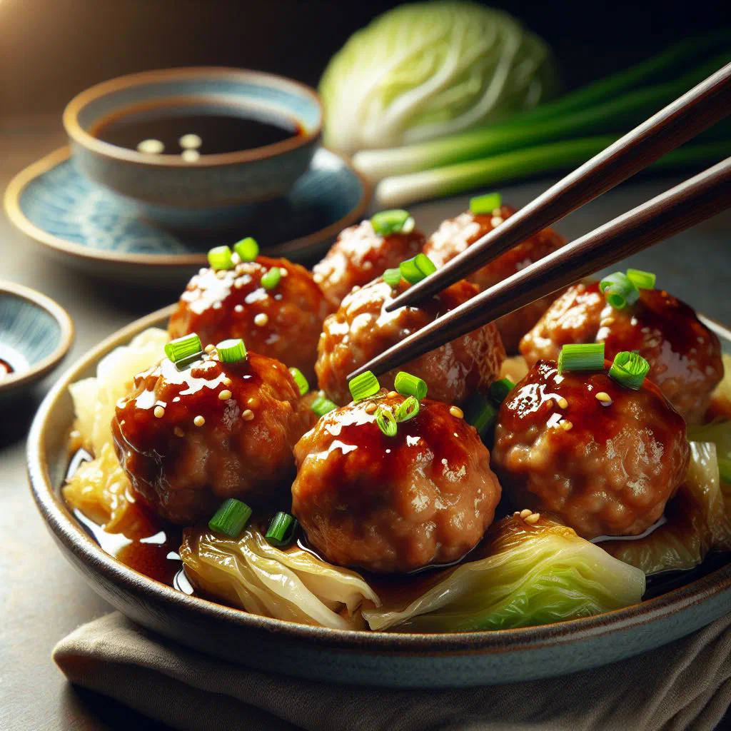 Large lion’s head meatballs simmering in broth with pak choi