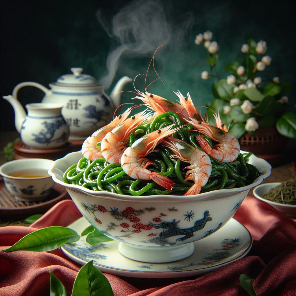 Longjing shrimp with fresh prawns and green tea leaves on a plate
