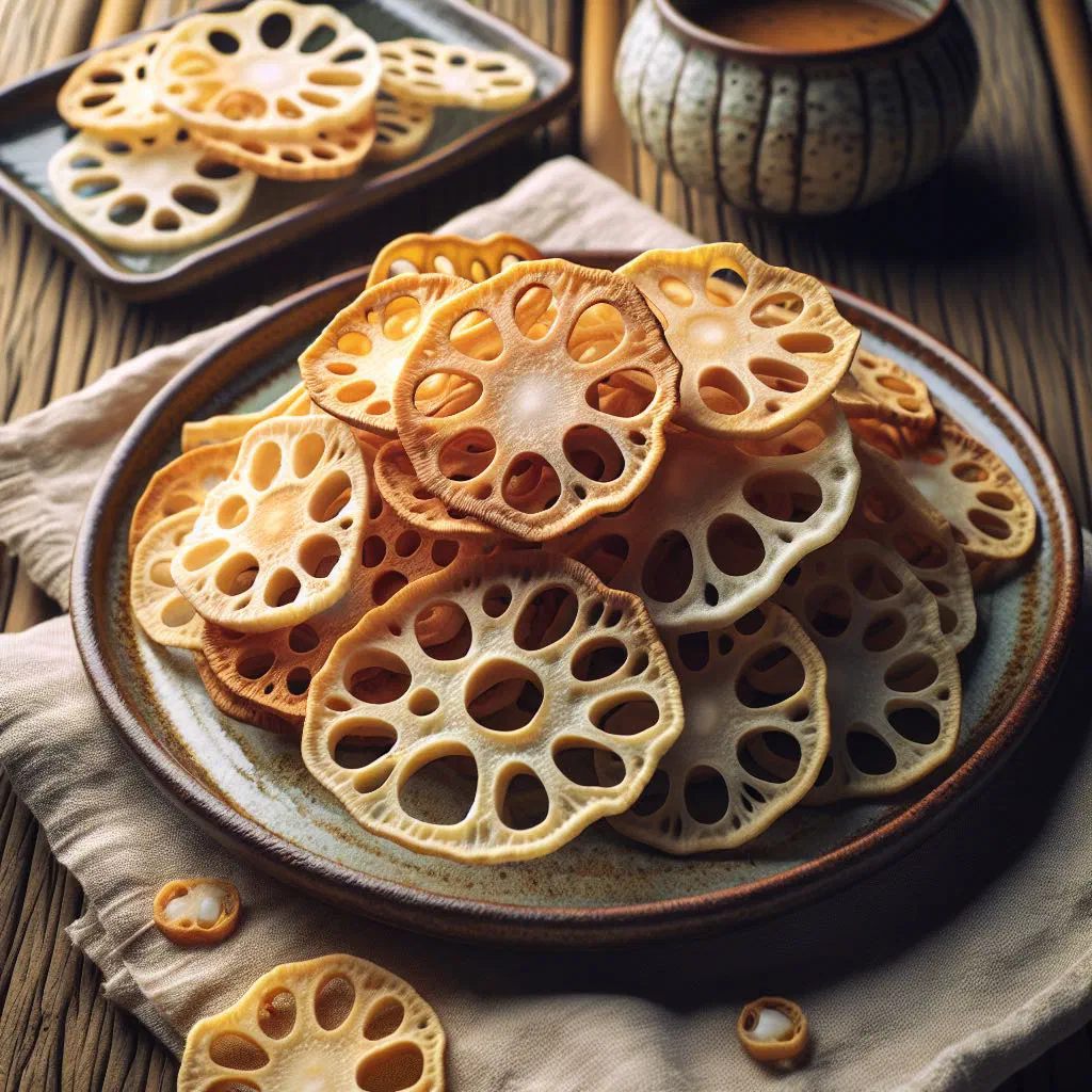 Golden, crispy lotus root crisps with their distinctive lacy holes, seasoned with salt