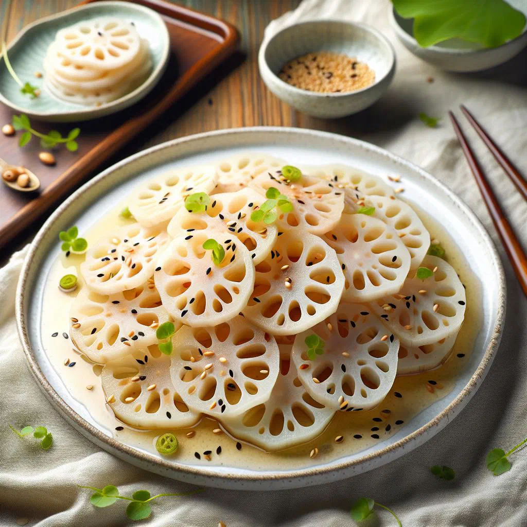 Crunchy lotus root salad with carrot, cucumber and coriander