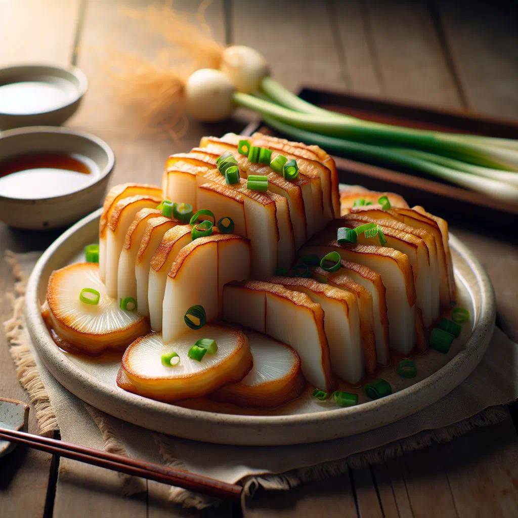 Golden, crispy pan-fried slices of Luo Bo Gao radish cake garnished with spring onions