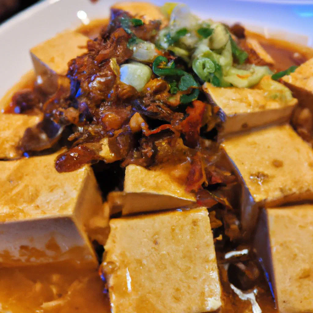 Bowl of mapo tofu with silky tofu cubes in a glossy chilli oil sauce