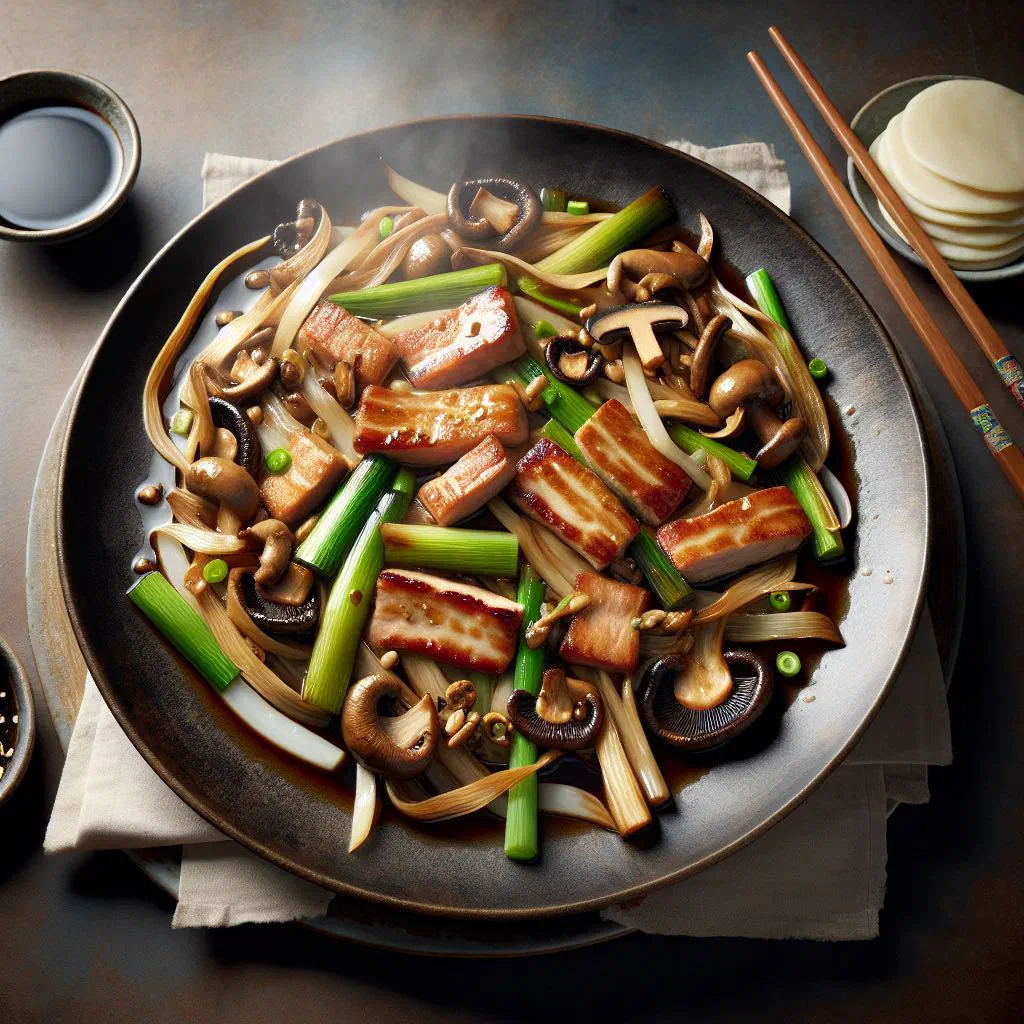 Moo shu pork with stir-fried vegetables served alongside thin pancakes