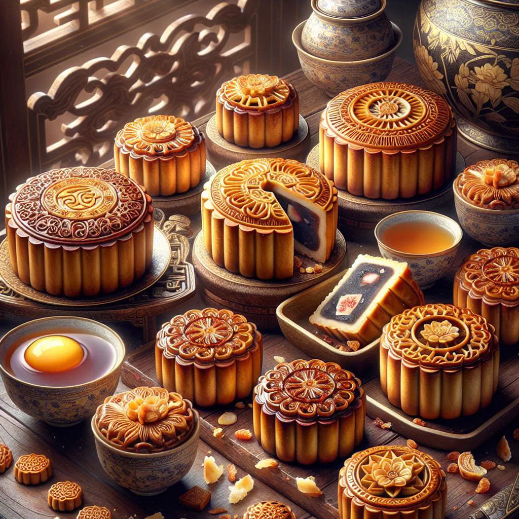 Golden glazed mooncakes with intricate patterns pressed into the pastry