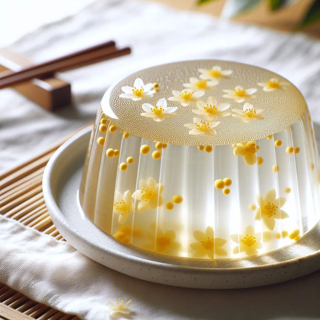 Golden osmanthus jelly set in a glass dish, flecked with fragrant flowers
