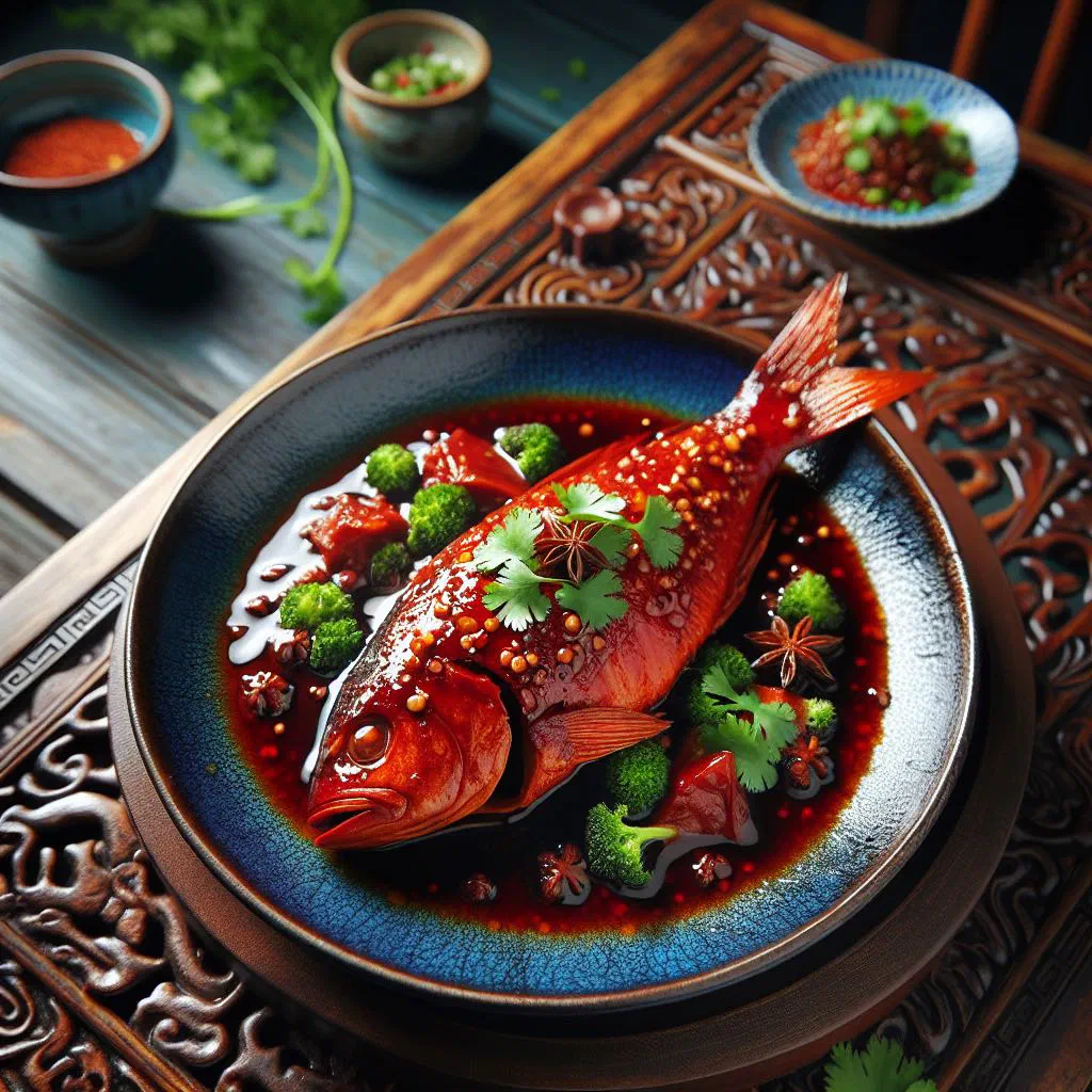 Red-cooked fish fillets in a glossy soy-based sauce, garnished with spring onions