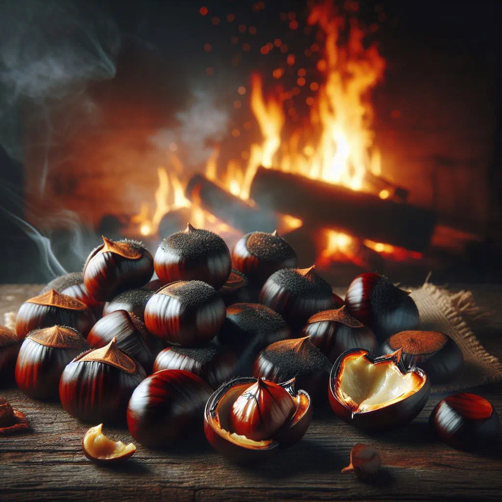 Roasted chestnuts with split shells in a rustic bowl