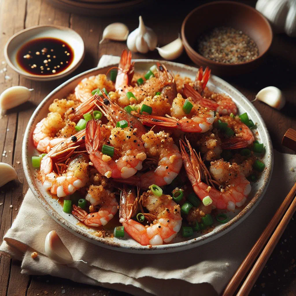 Crispy salt and pepper shrimp with green chilli and spring onions