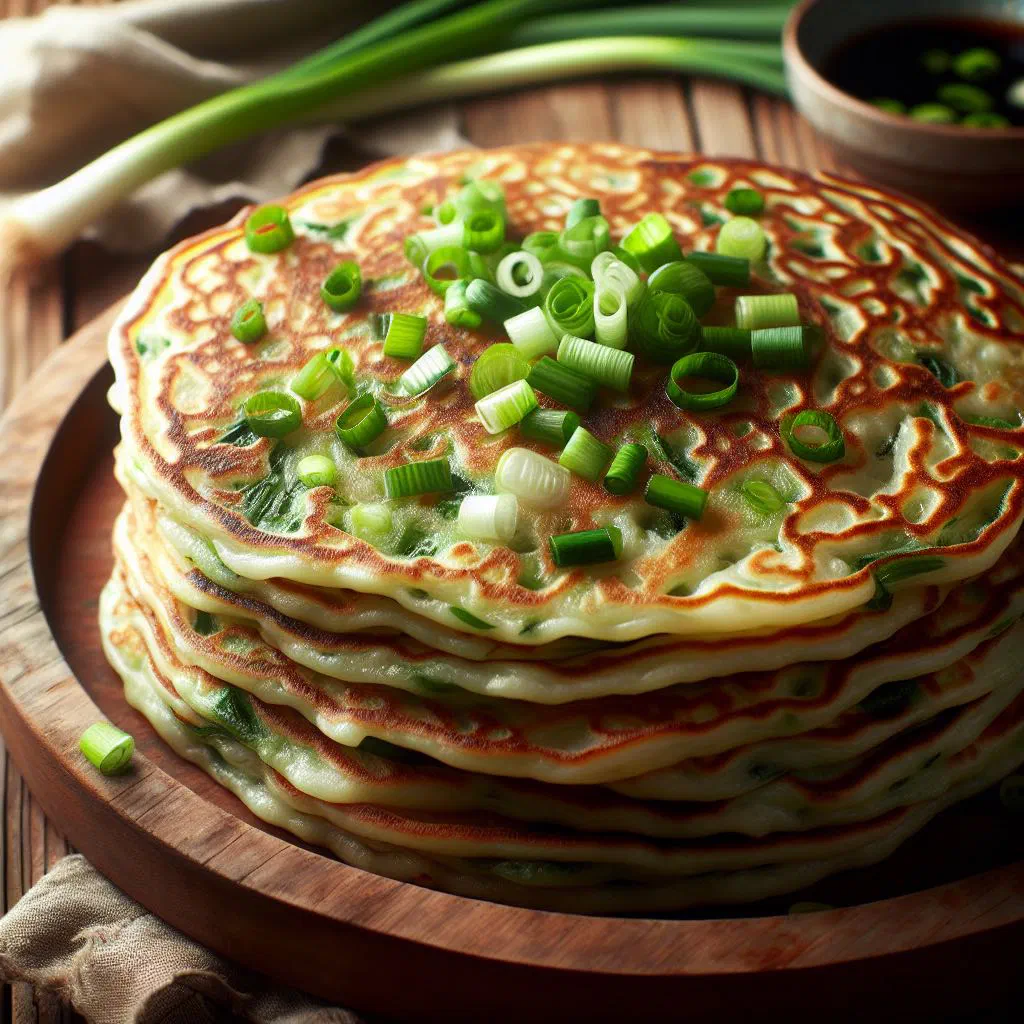 Golden, crispy scallion pancakes cut into wedges with flecks of spring onion