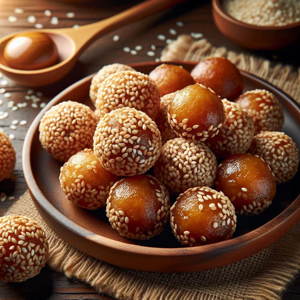 Golden fried sesame balls coated in toasted sesame seeds