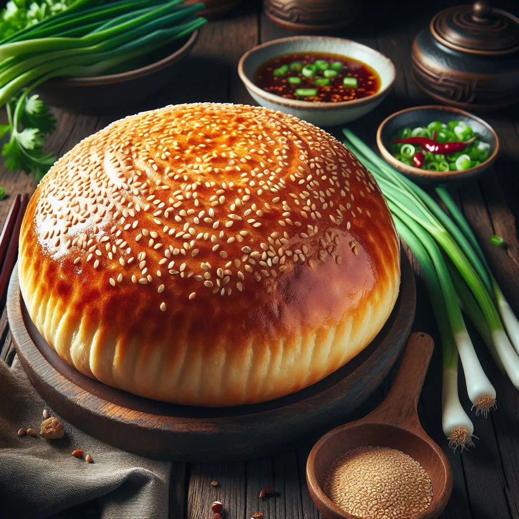 Golden shaobing flatbreads with a crisp sesame-topped crust