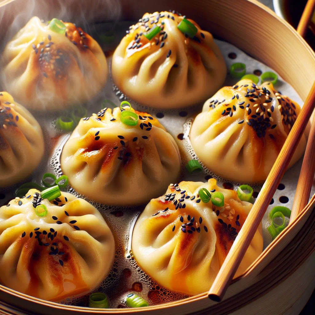 Pan-fried sheng jian bao with crisp golden bottoms and sesame garnish