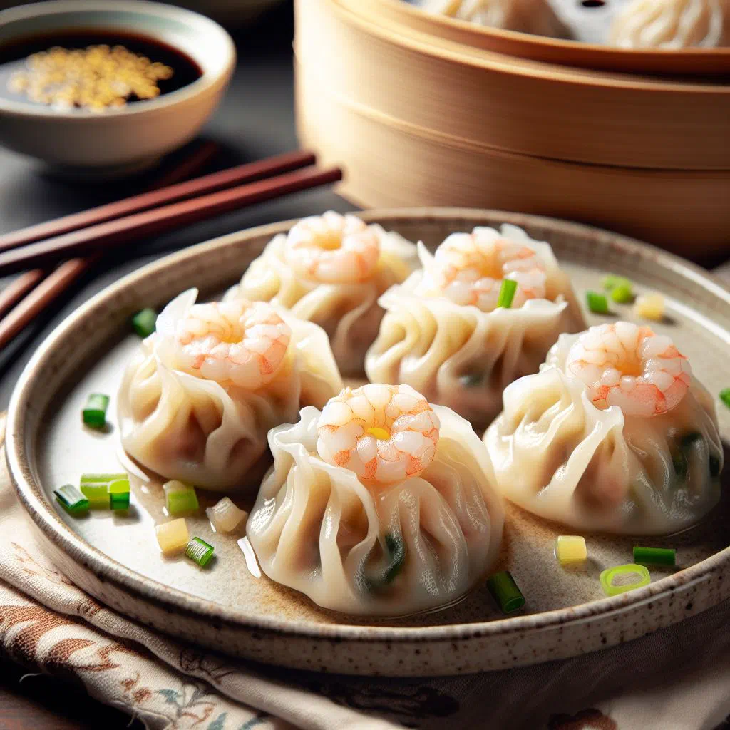 Steamed shumai dumplings with open tops in a bamboo steamer