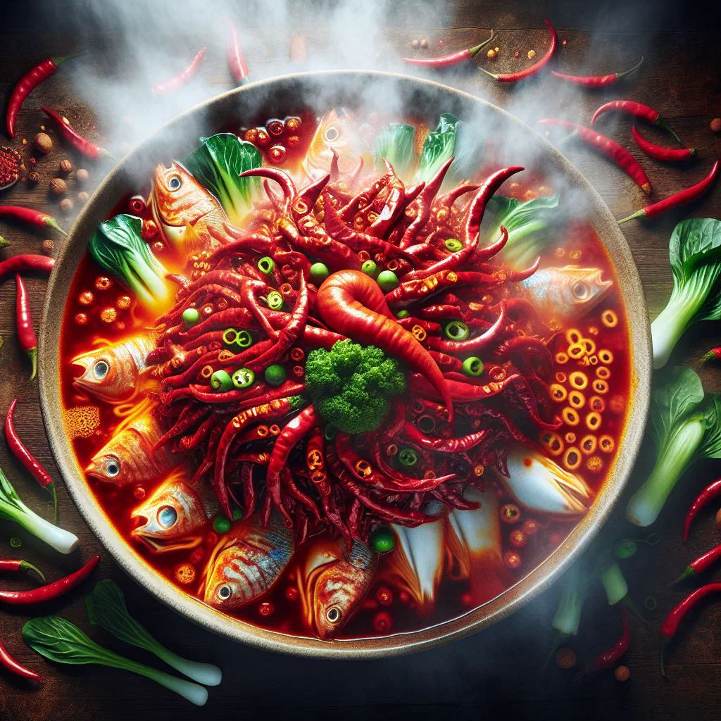 Sichuan boiled fish in fiery chilli oil broth garnished with spring onions