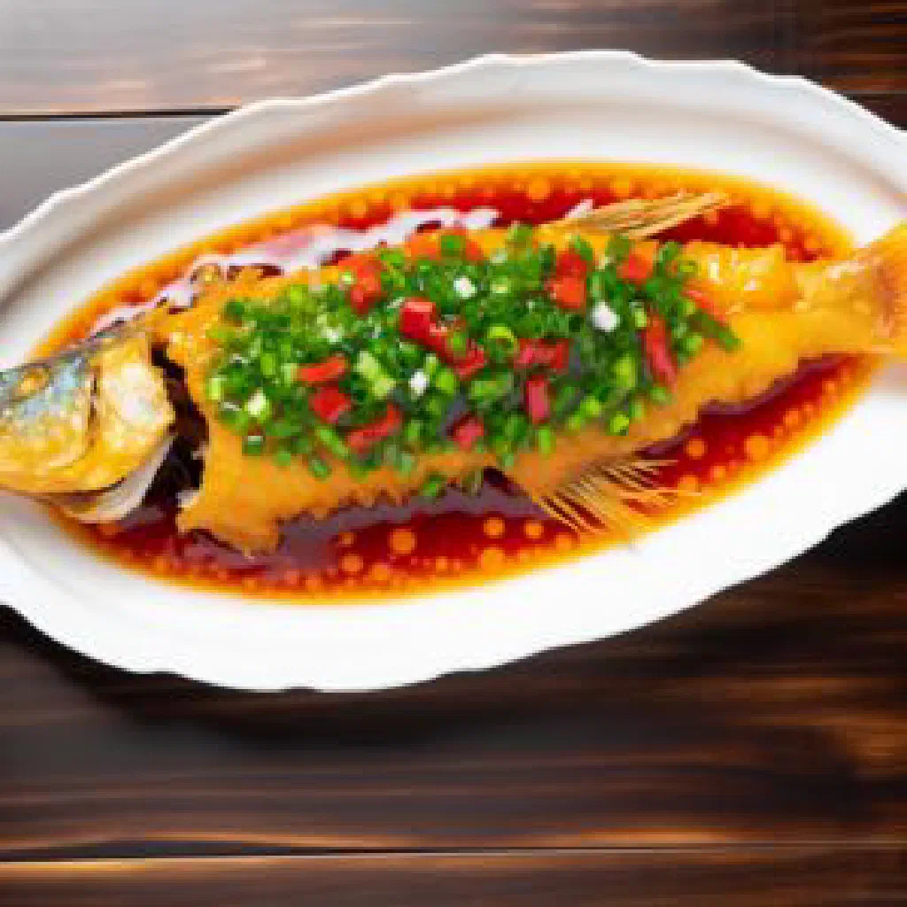 Song Shu Gui Yu fish in glossy sweet and sour sauce with colourful vegetables