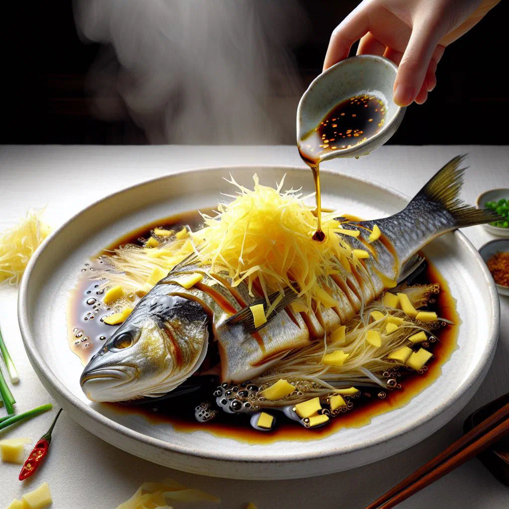 Steamed fish fillet topped with ginger, spring onions and soy sauce