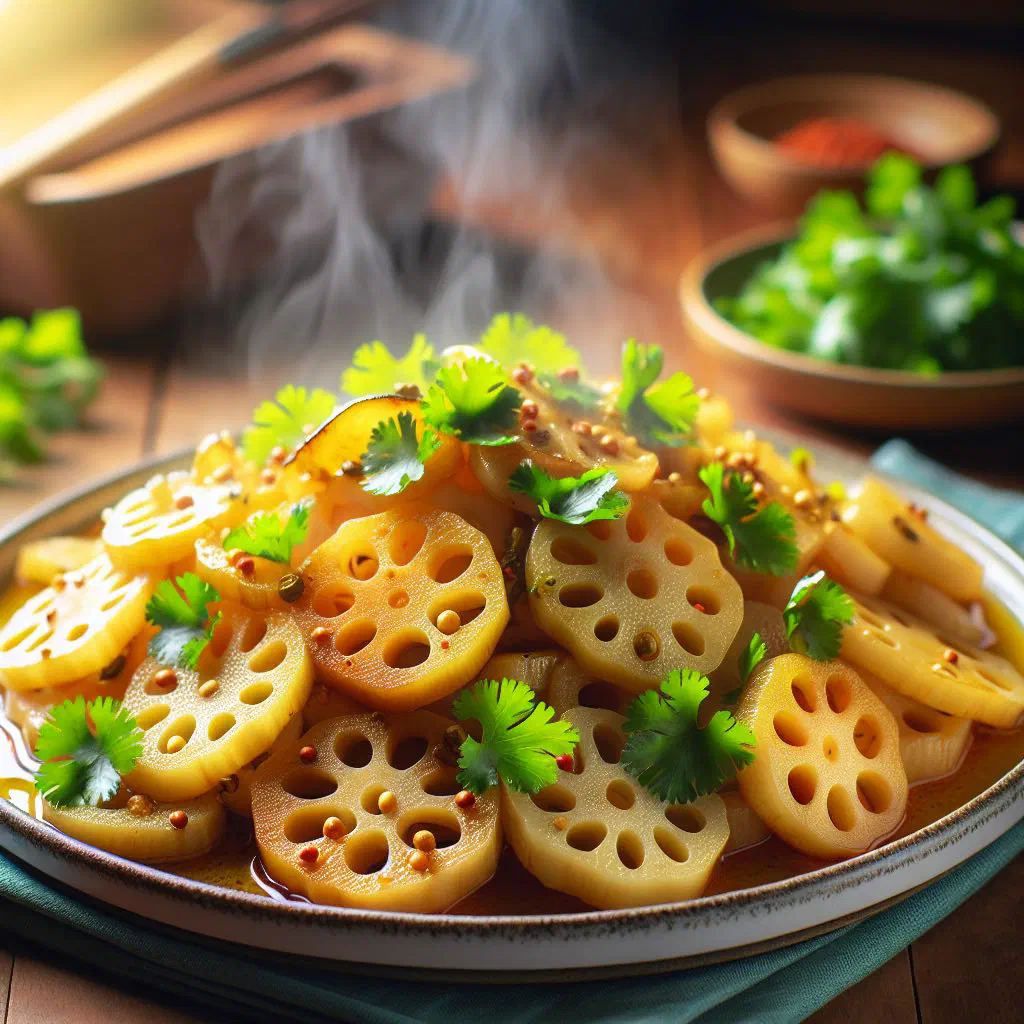 Stir-fried lotus root slices with spring onions in a pan