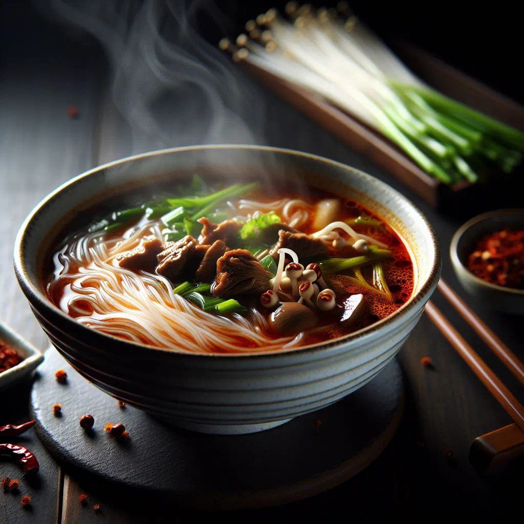 Bowl of Suan La Fen hot and sour rice noodle soup garnished with coriander