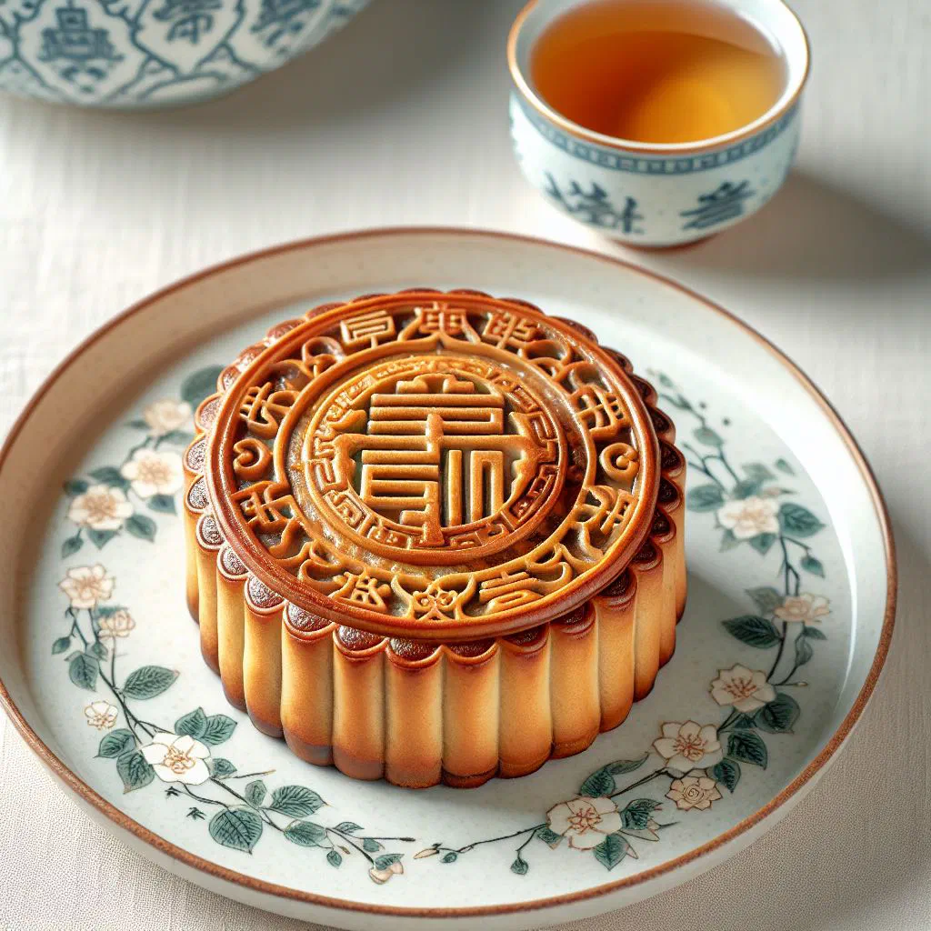 Golden Suzhou mooncakes with an egg-washed crust on a plate