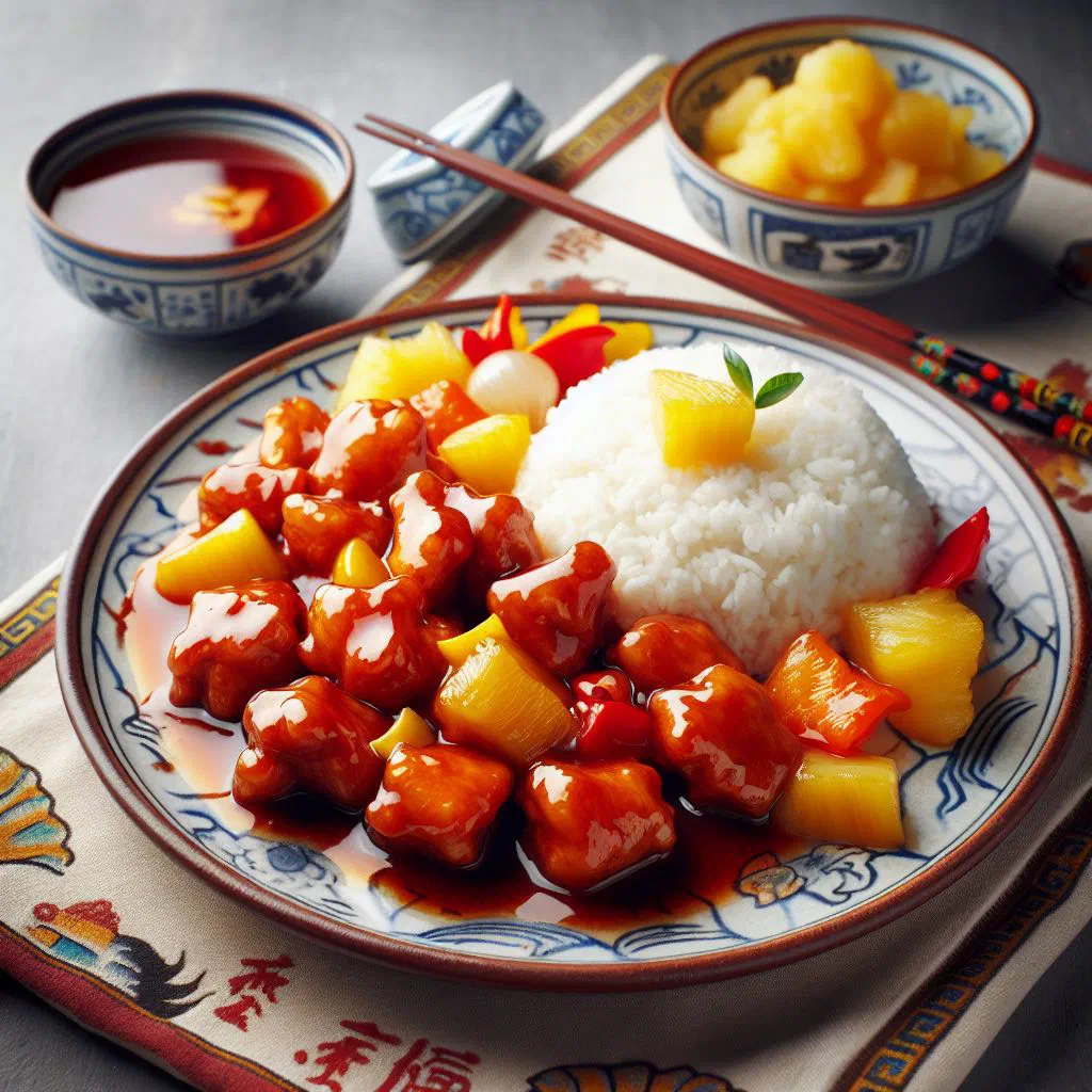Sweet and sour pork with peppers and pineapple in a glossy sauce