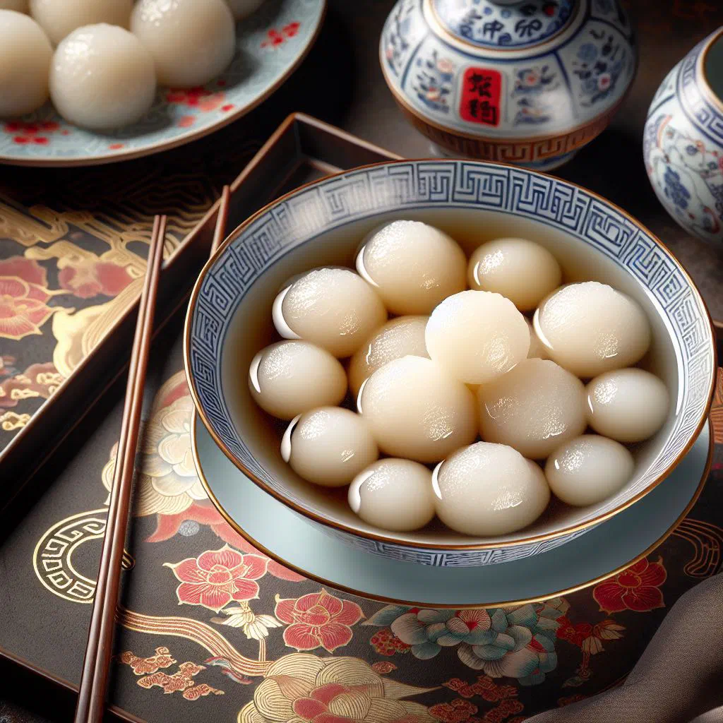 Bowl of sweet tangyuan glutinous rice balls in a light syrup