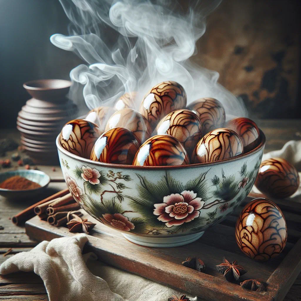 Marbled Chinese tea eggs cut open to show the spider-web pattern