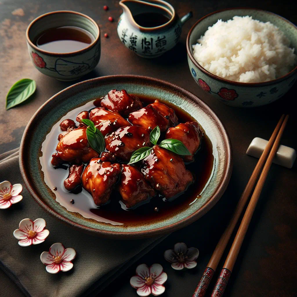 Glossy three-cup chicken garnished with fresh basil in a bowl