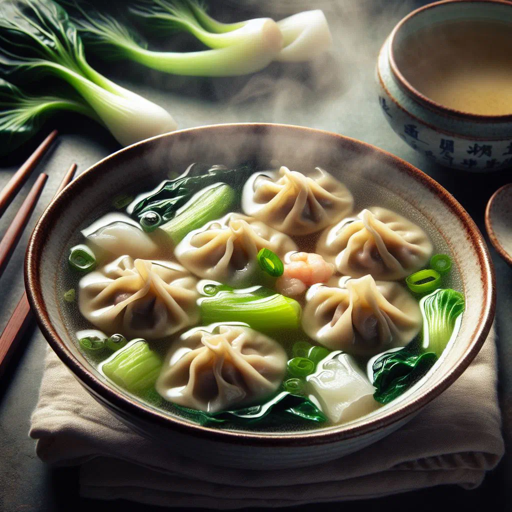 Bowl of wonton soup with filled dumplings in clear broth and fresh coriander