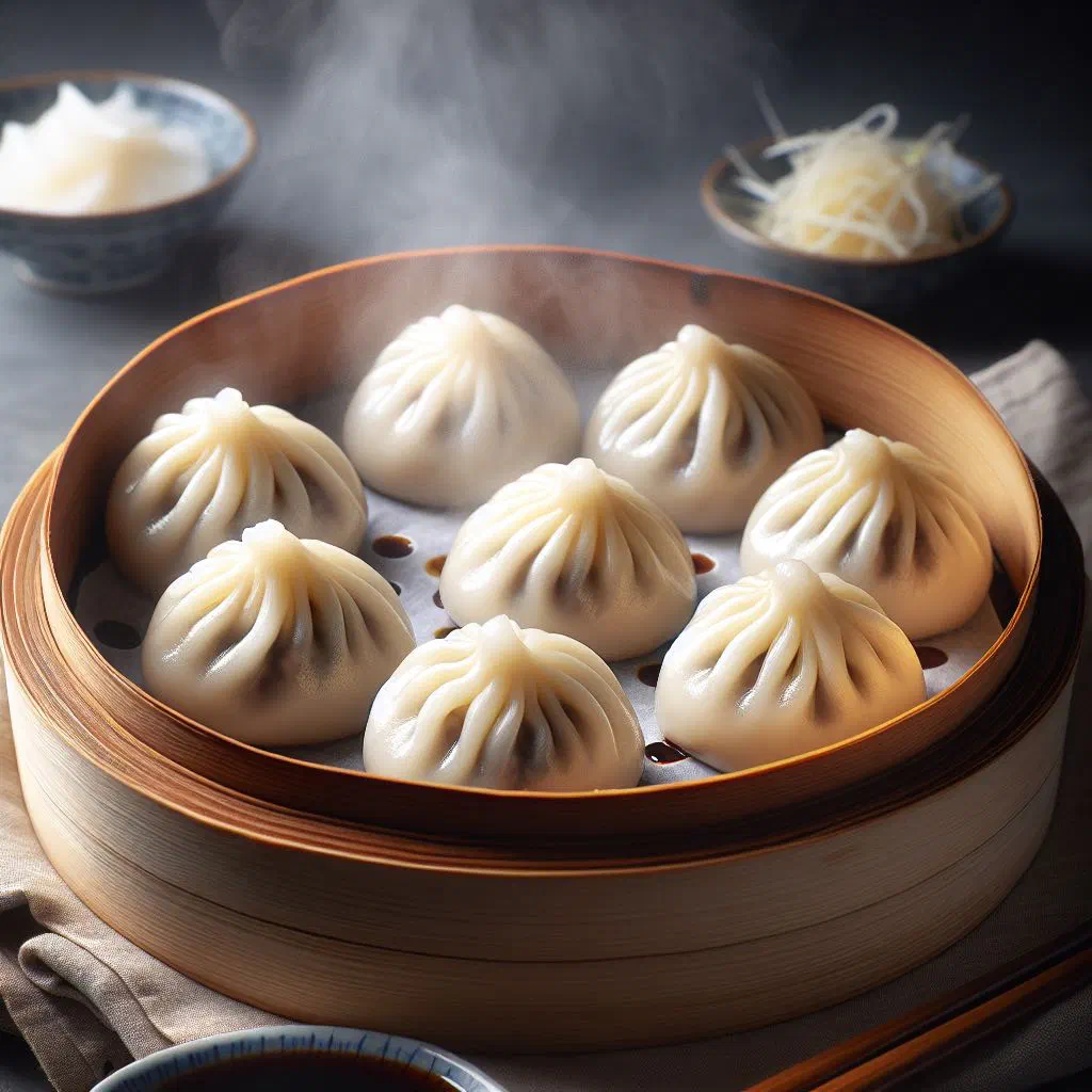 Steamed xiaolongbao soup dumplings in a bamboo basket