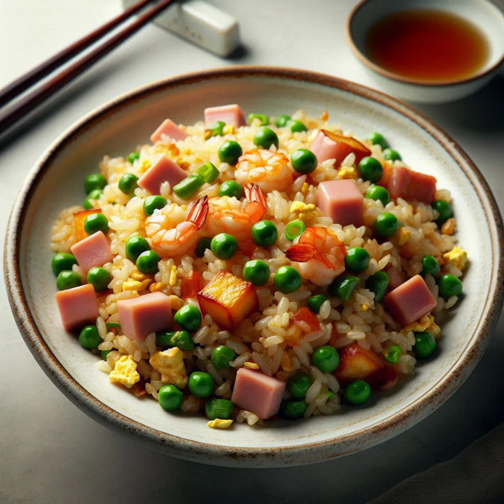 Yangzhou fried rice with prawns, peas, carrots and spring onions