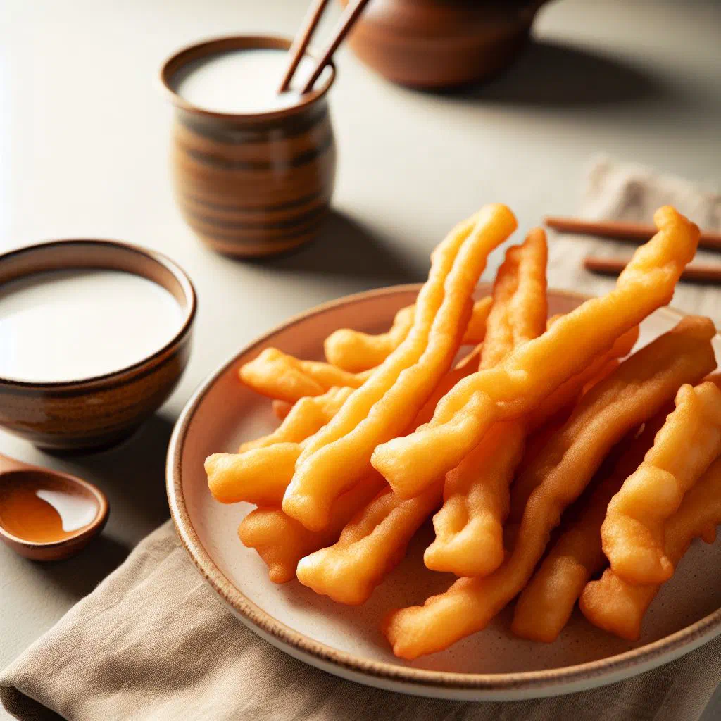 Golden, deep-fried youtiao dough sticks served with warm soy milk
