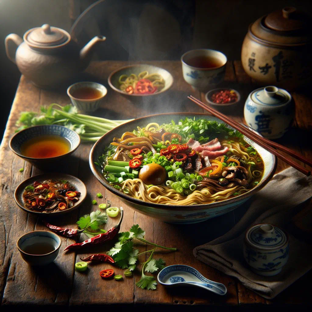 A steaming bowl of Yunnan over the bridge noodles with sliced meat, vegetables and fresh herbs