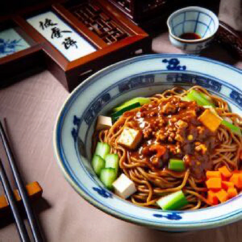 Bowl of zhajiangmian noodles topped with savoury soybean sauce and cucumber strips