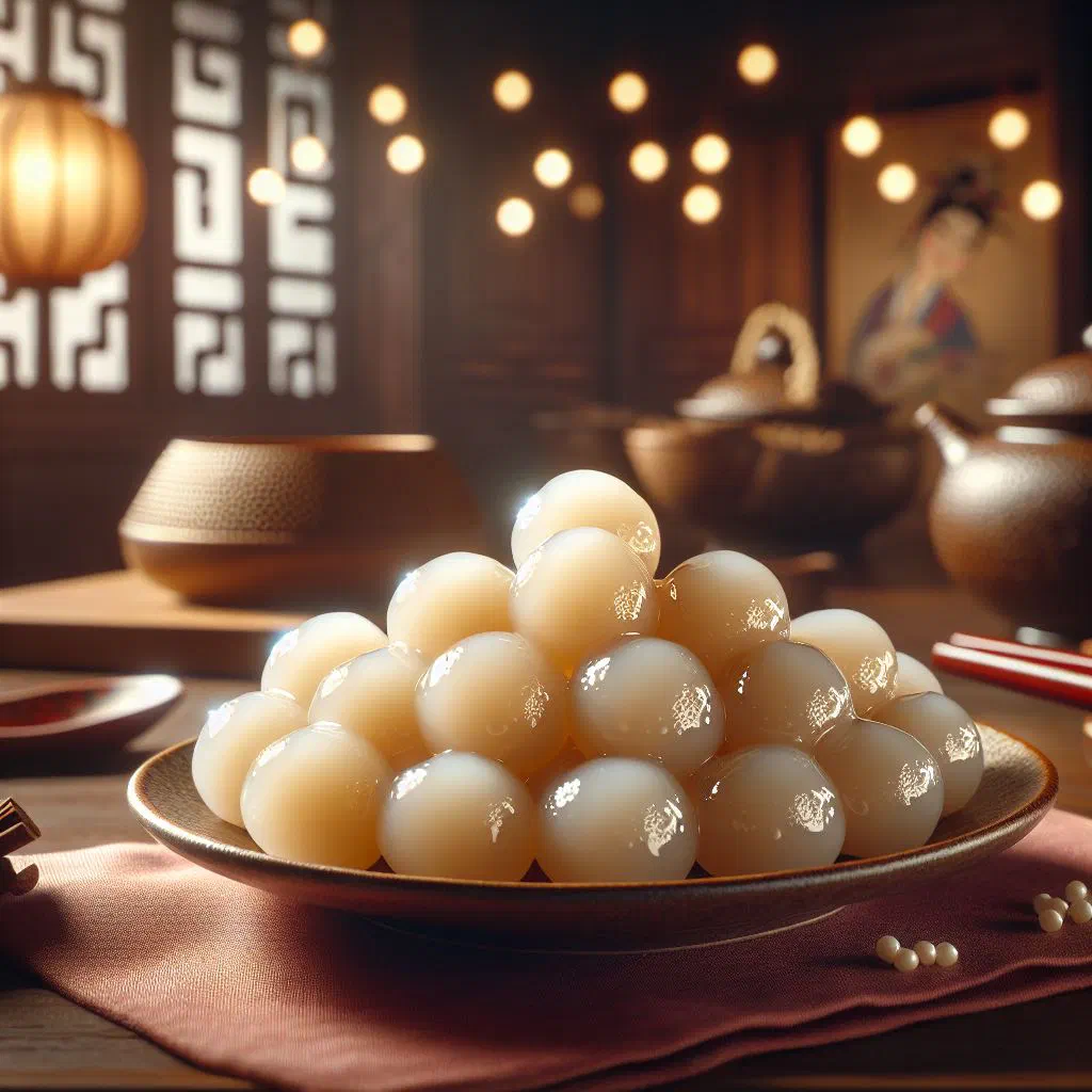 Steamed pearl balls coated in glutinous rice flour on a small plate