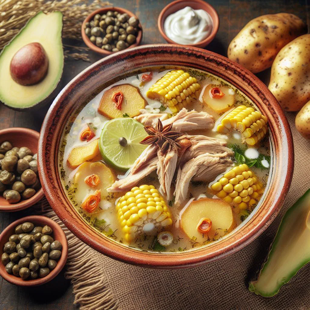 Bowl of ajiaco santafereño with chicken, potatoes, avocado and a swirl of cream
