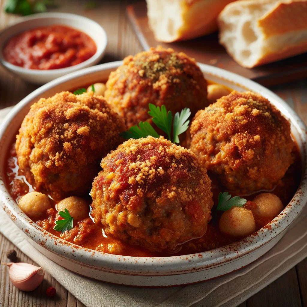 Colombian albondigón meatballs simmering in tomato sauce, served with rice