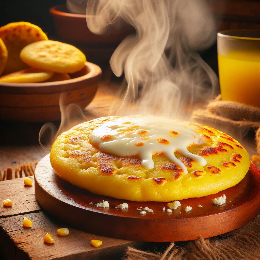 Golden arepa de choclo made with sweet corn and cheese on a wooden board