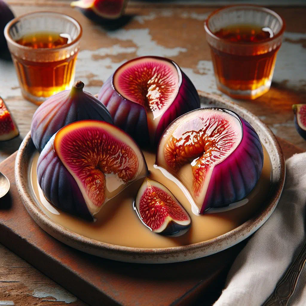 Fresh figs topped with creamy caramel arequipe on a plate