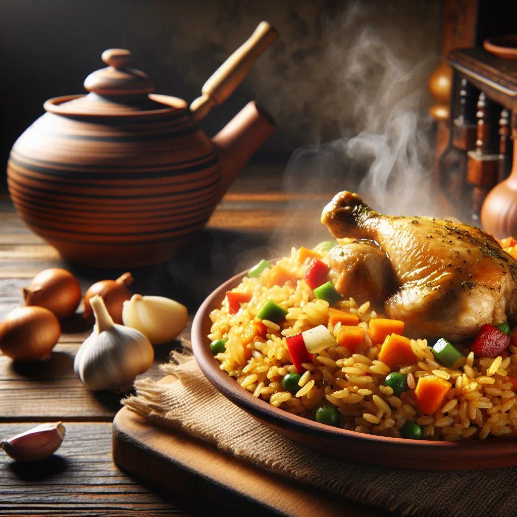 Colombian arroz con pollo with rice, chicken and peppers garnished with coriander