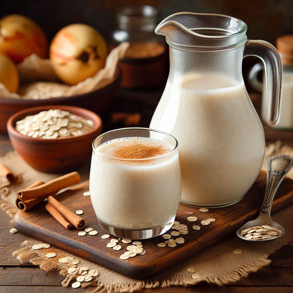 A creamy glass of Avena Colombiana topped with a cinnamon stick