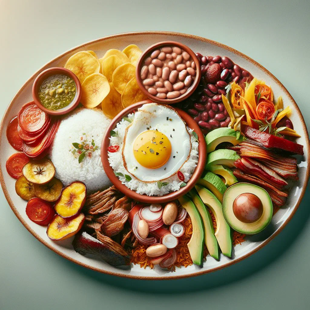 A loaded bandeja paisa platter with beans, rice, chorizo, fried egg and avocado