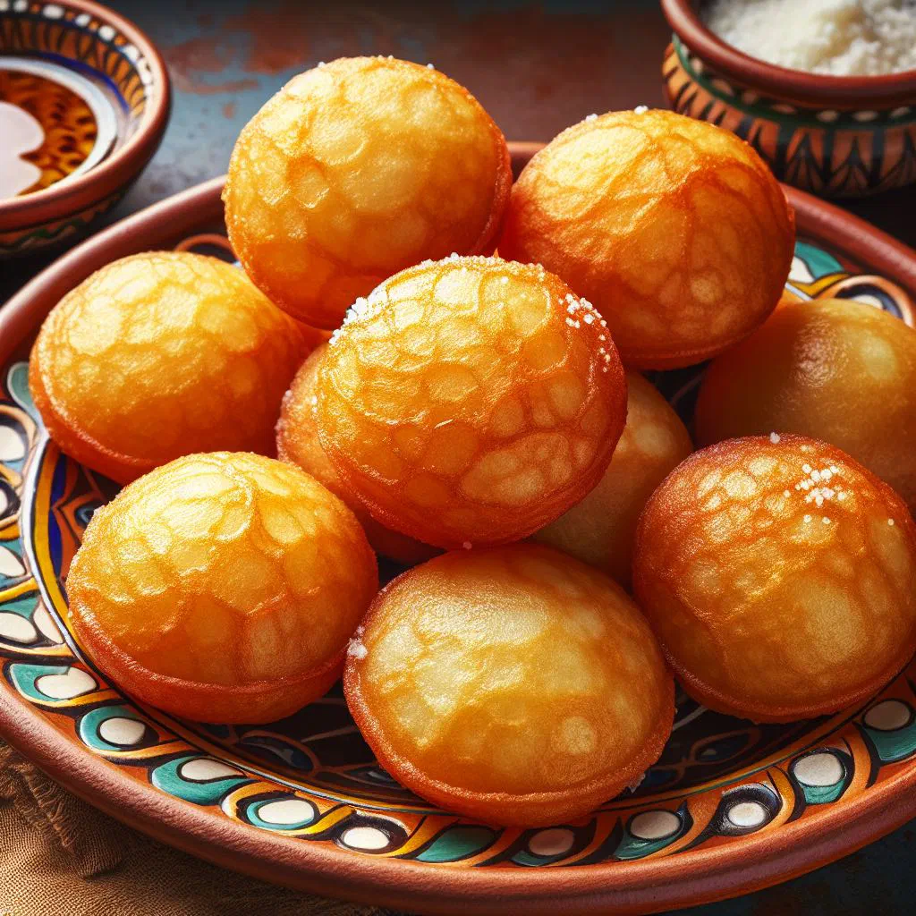 Golden fried buñuelos de yuca dough balls served on a rustic board