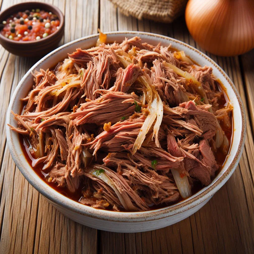 Tender shredded beef carne desmechada served warm with fresh herbs