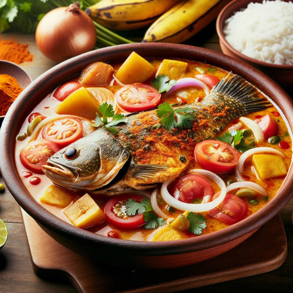 A rustic bowl of Casuela de Bagre catfish stew garnished with fresh coriander and lime