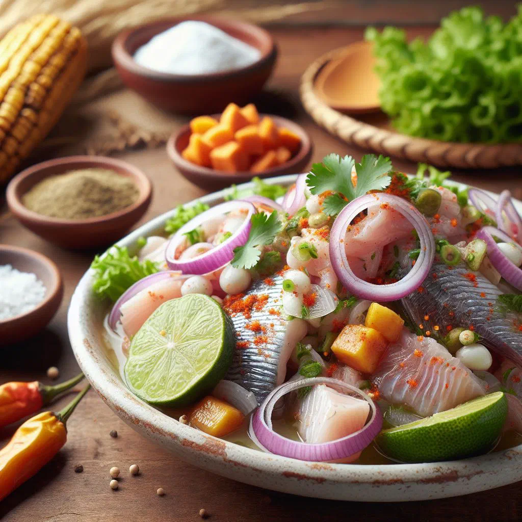 Colombian ceviche with fresh fish, red onion, tomato and coriander in a bowl