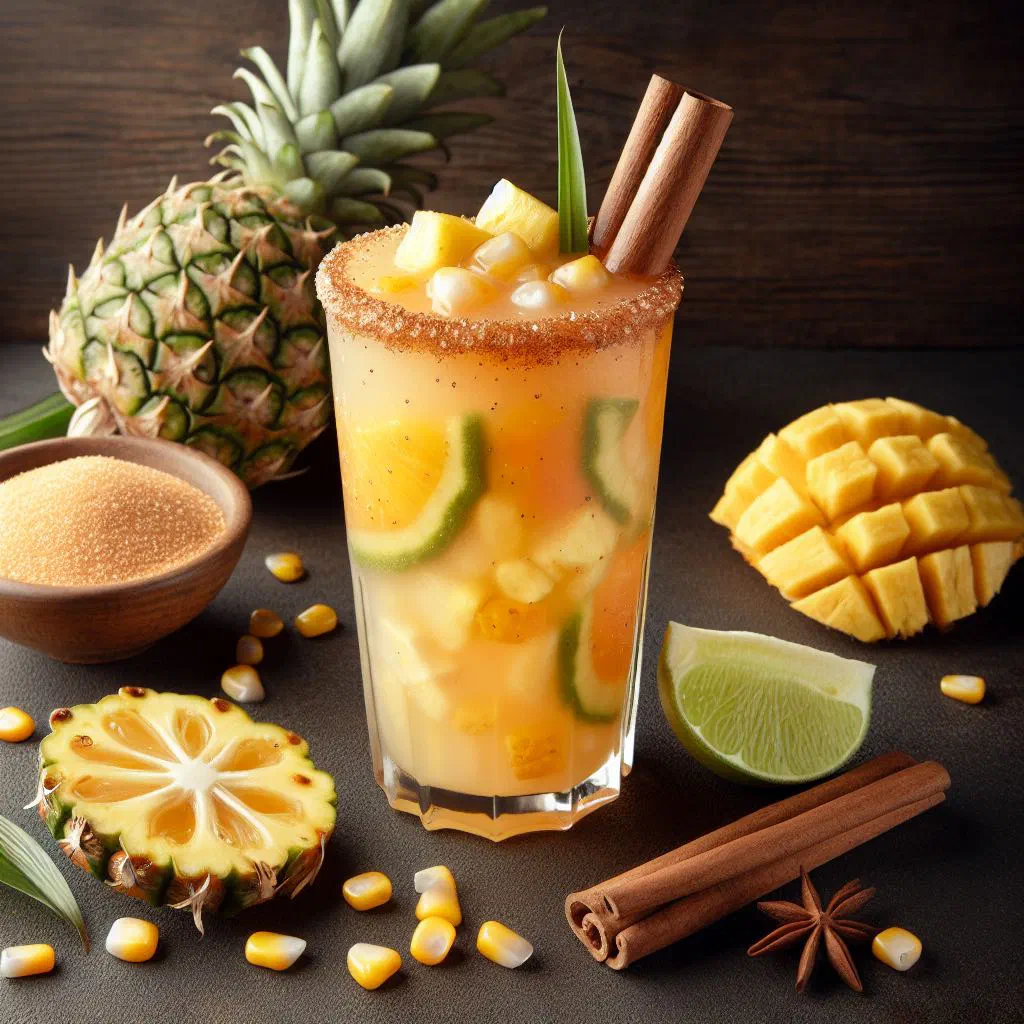 Glass of Colombian champús with pineapple, corn and cinnamon